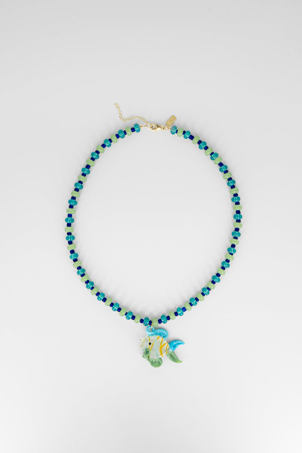 Blue, green & crystal fish pendant necklace
