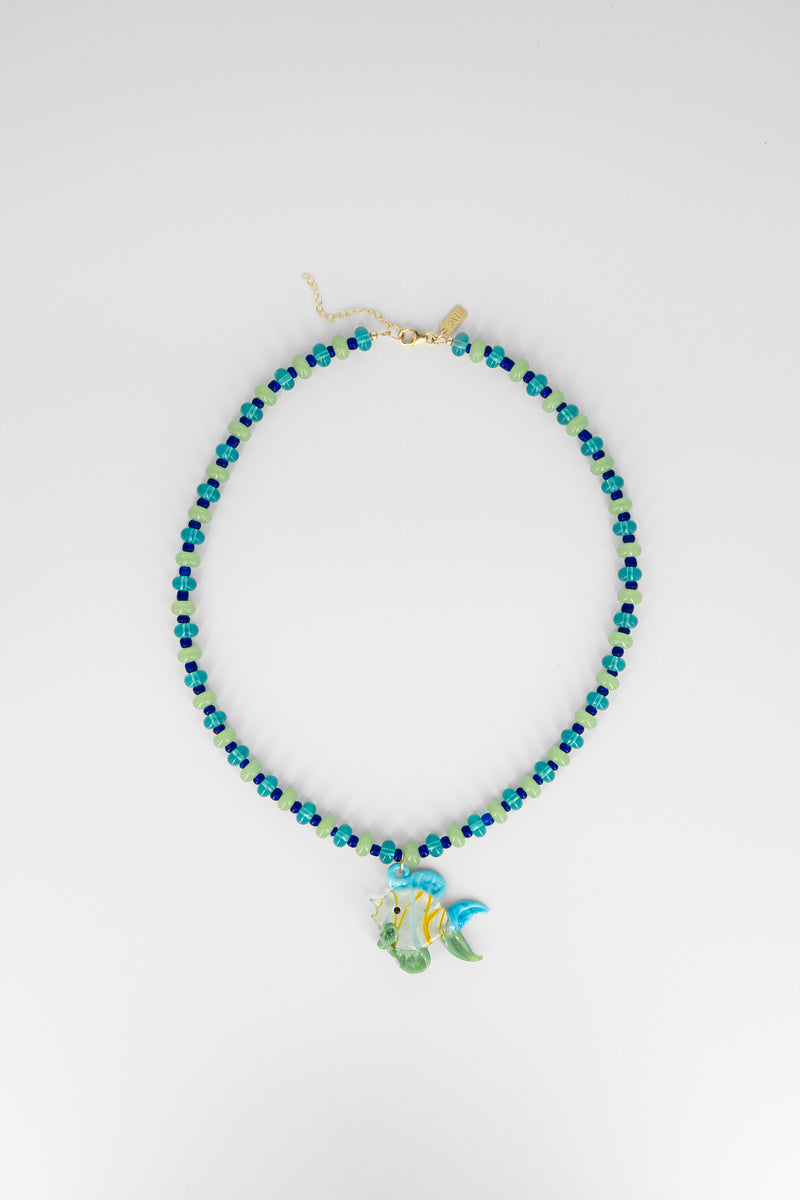 Blue, green & crystal fish pendant necklace
