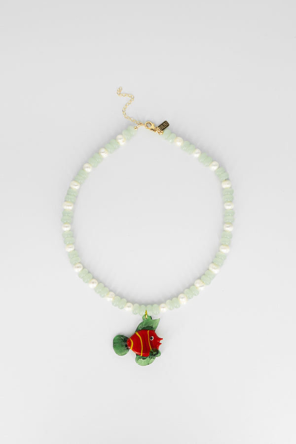 Green and red fish pendant necklace